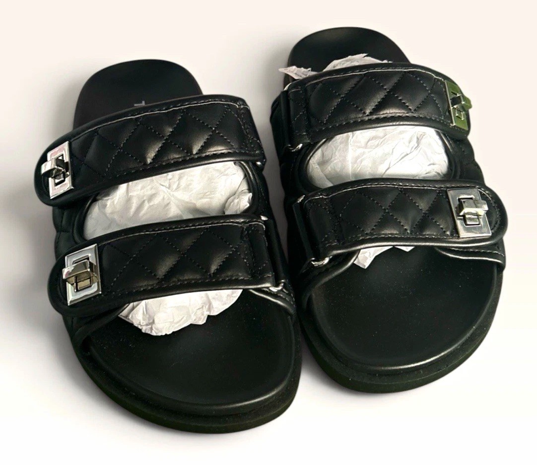 Torrid Women’s Black Quilted Buckle Double-Strap Slide Sandals Flat Casual Solid