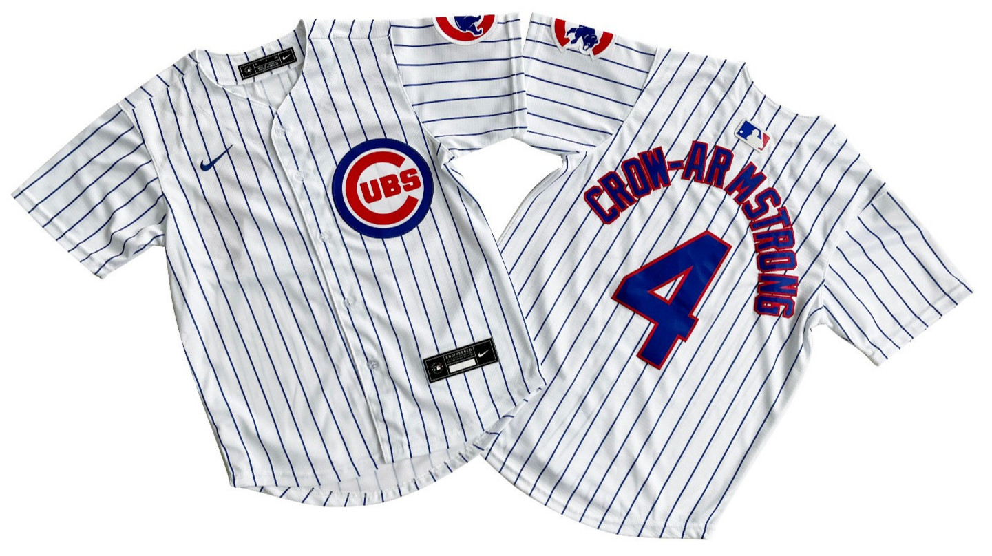 ​​Tariffs​ Free YOUTH'S Cubs #4 Pete Crow-Armstrong White Stripe Sewn Jersey.