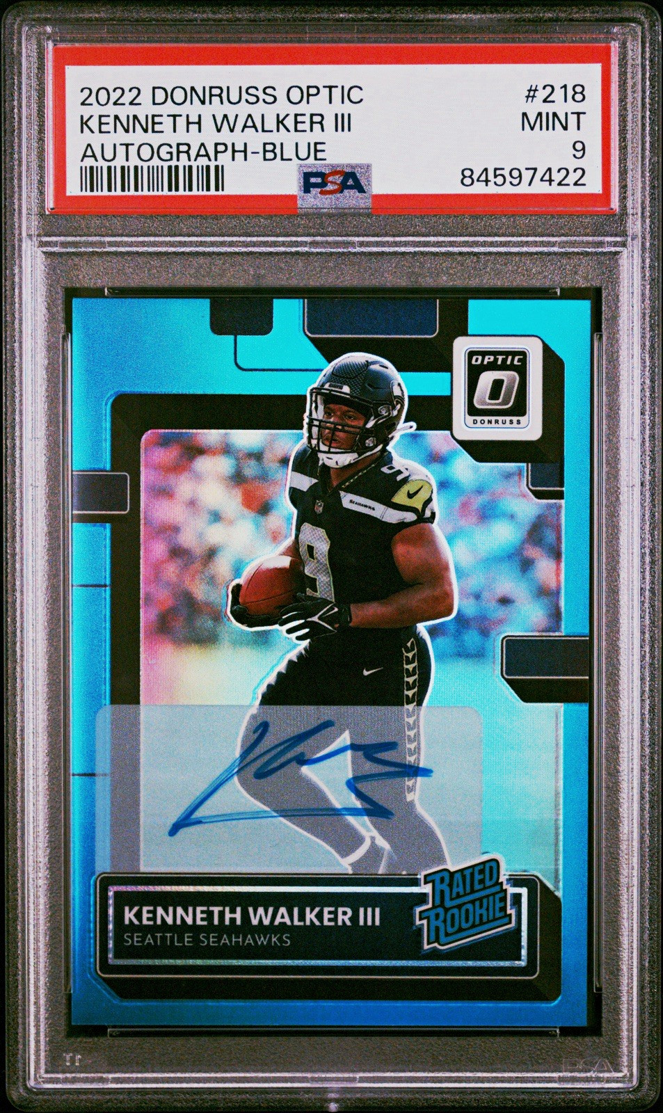 2022 Donruss Optic Kenneth Walker III Blue Auto /99 #218 PSA 9