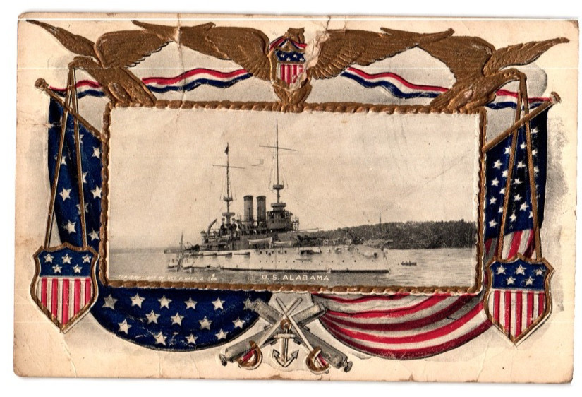 Vintage 1908 USS Alabama Battleship Patriotic Flag Embossed Postcard Used