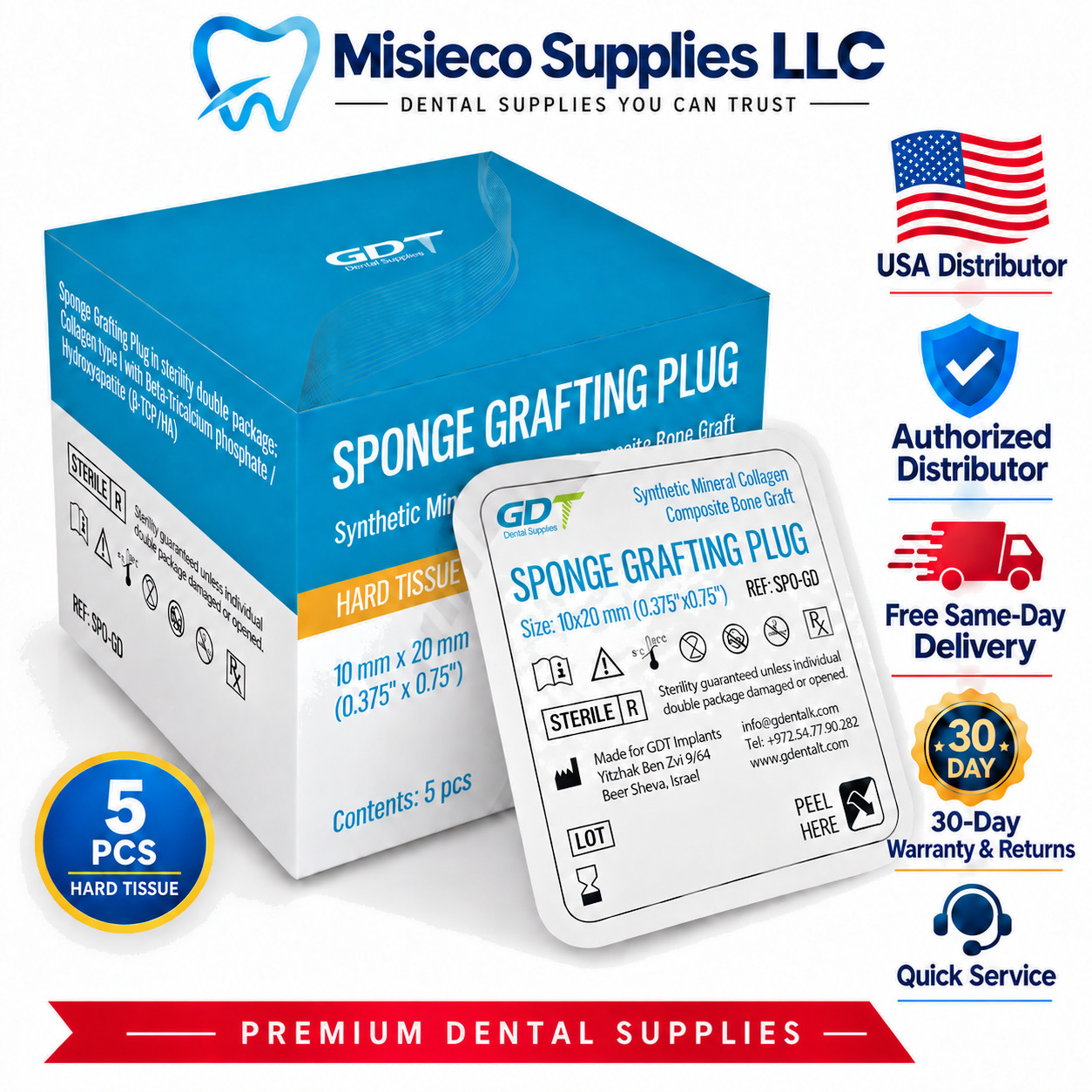 Dental 5 Sponges Grafting Plug Synthetic Collagen Sterile Surgical Bone Graft