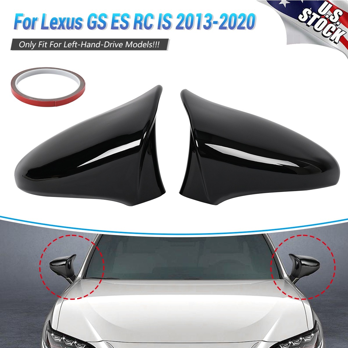 GROSSY BLACK SIDE MIRROR COVER CAPS FOR LEXUS RC300 RC350 RC200t 2015-2017 2018