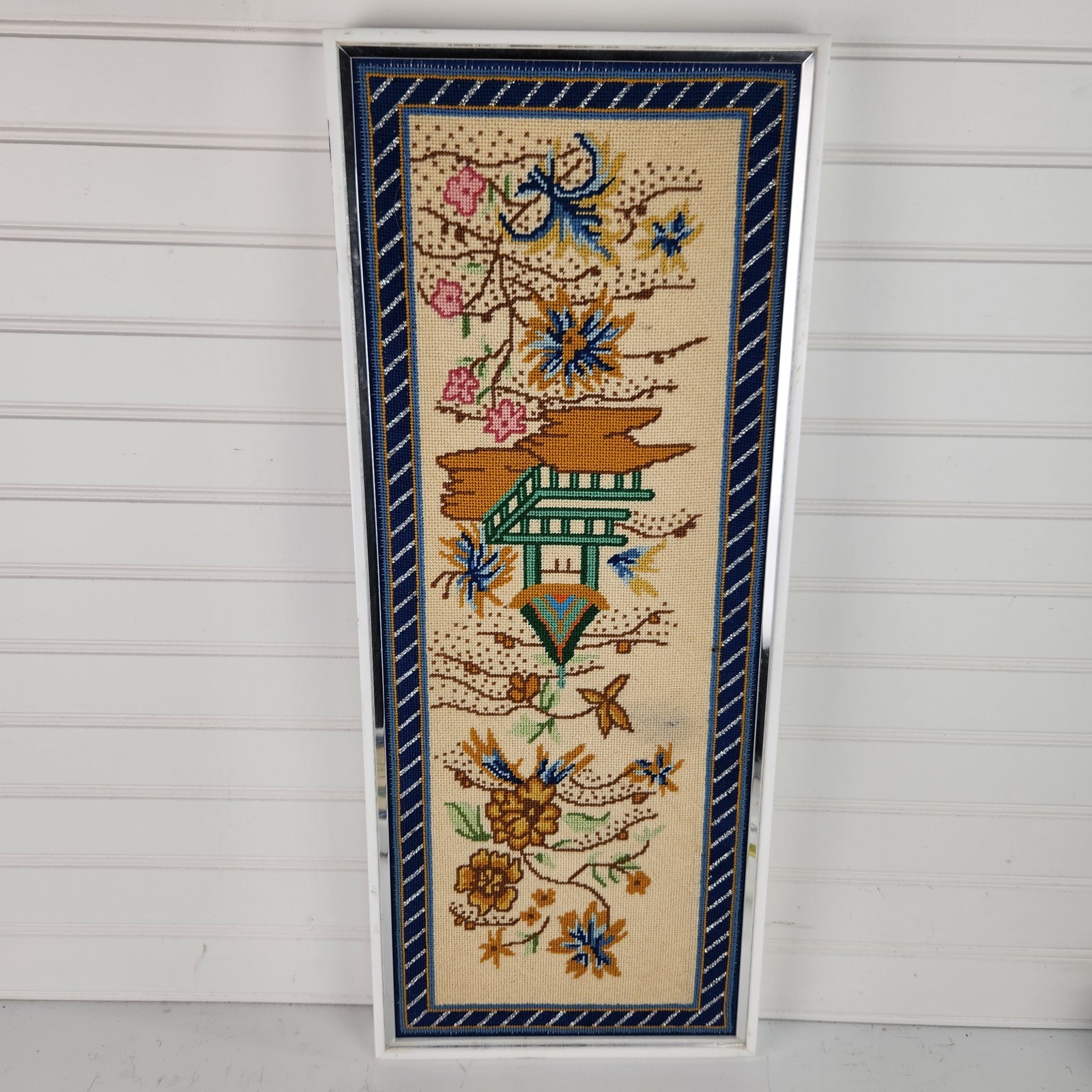 Vintage Chinese Asian Pagoda Floral Needlepoint Framed Wall Art Tapestry Mid