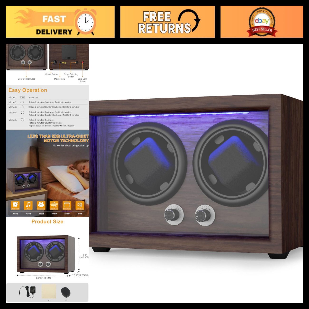 Wooden Automatic Watch Winder with 4 Rotation Modes - Luxury Timepiece Storage