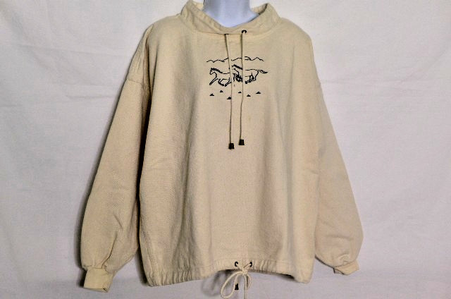 Women\'s Christopher & Banks Cream 100% Cotton Running Horses Sweatshirt Medium