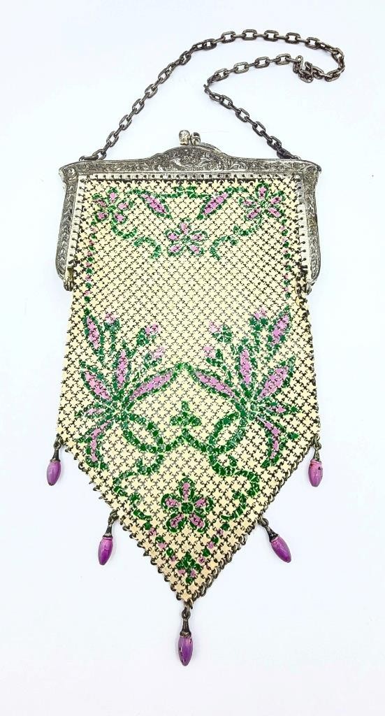 Stunning Antique Art Deco Mandalian Flapper Purse w/ Purple Flowers & Dangles