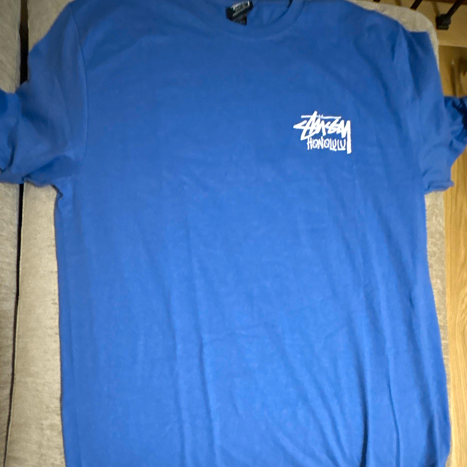 Stussy Men’s Honolulu Blue Graphic Logo Knit Crew Neck T-Shirt Size L