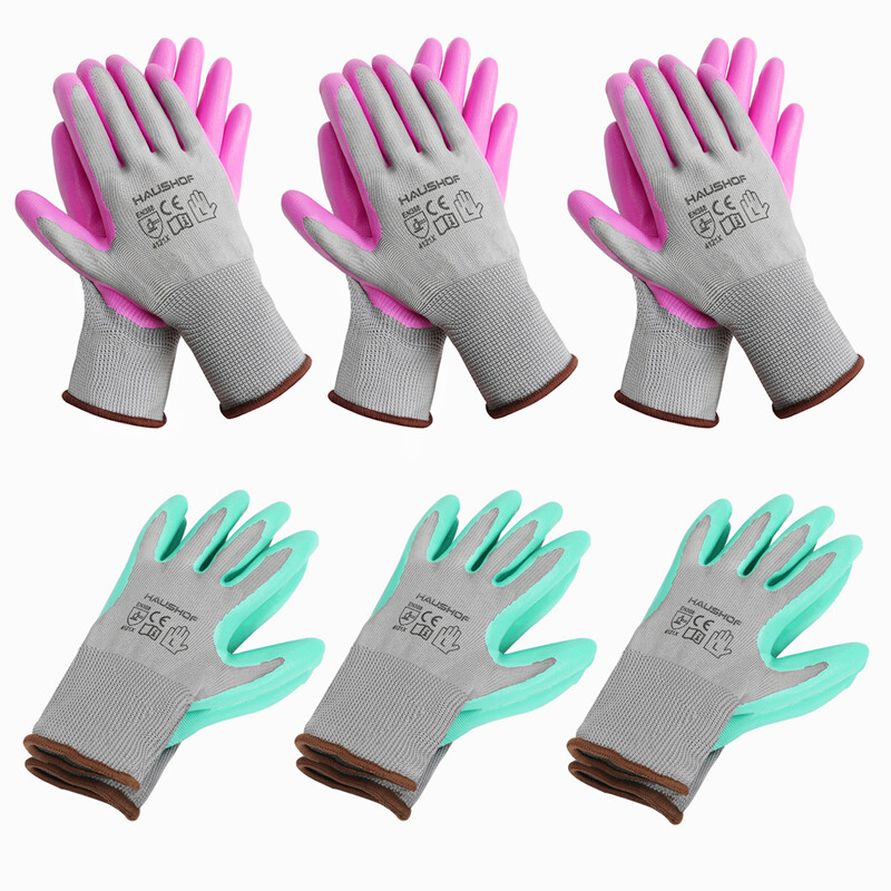 HAUSHOF Garden Gloves 12-Pack Nitrile Coated Working Gloves w/Pink & Green Large