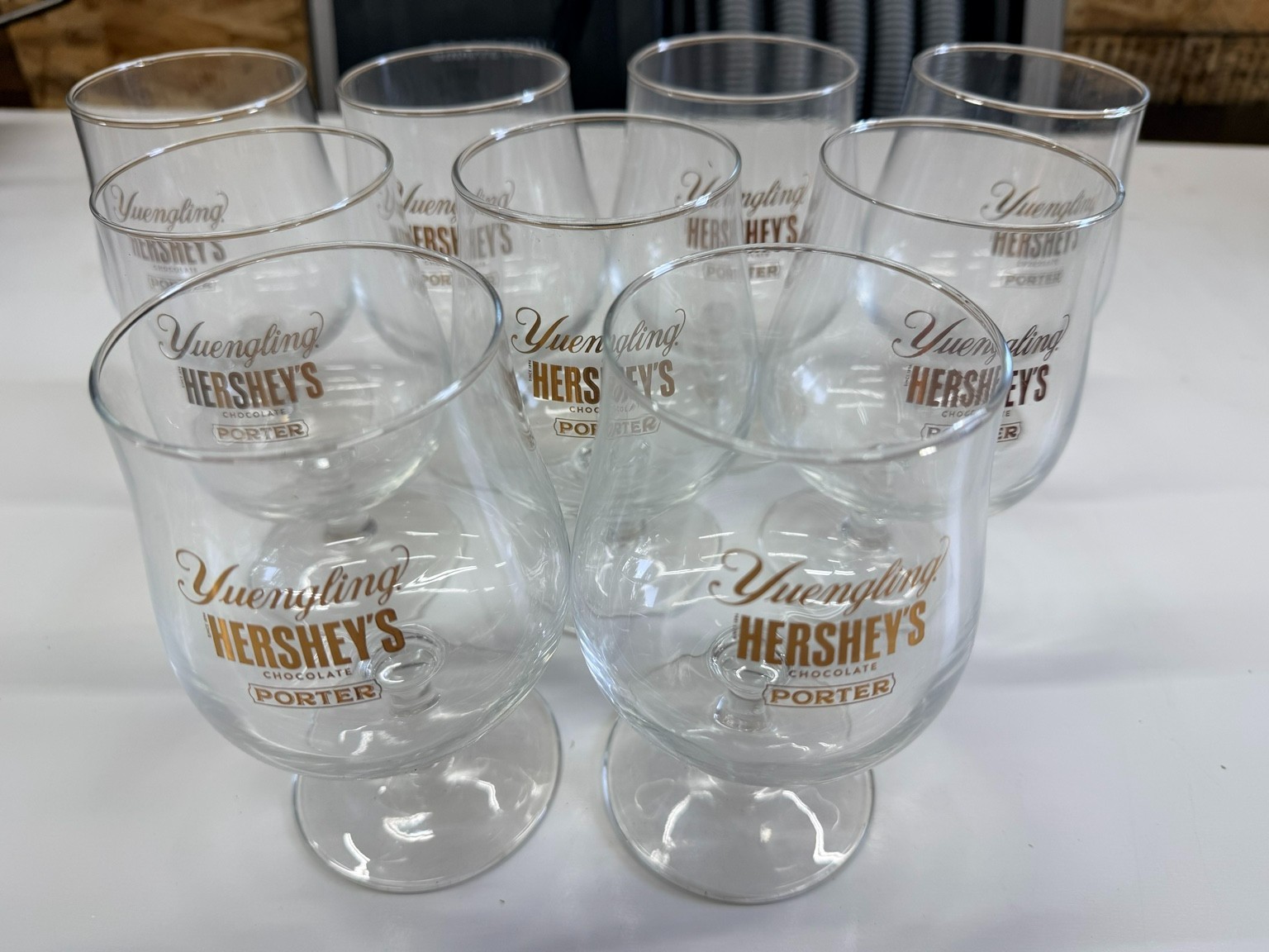 Lot of 9 Yuengling Hershey\'s Chocolate Porter 16 oz Stemmed Glasses, EUC