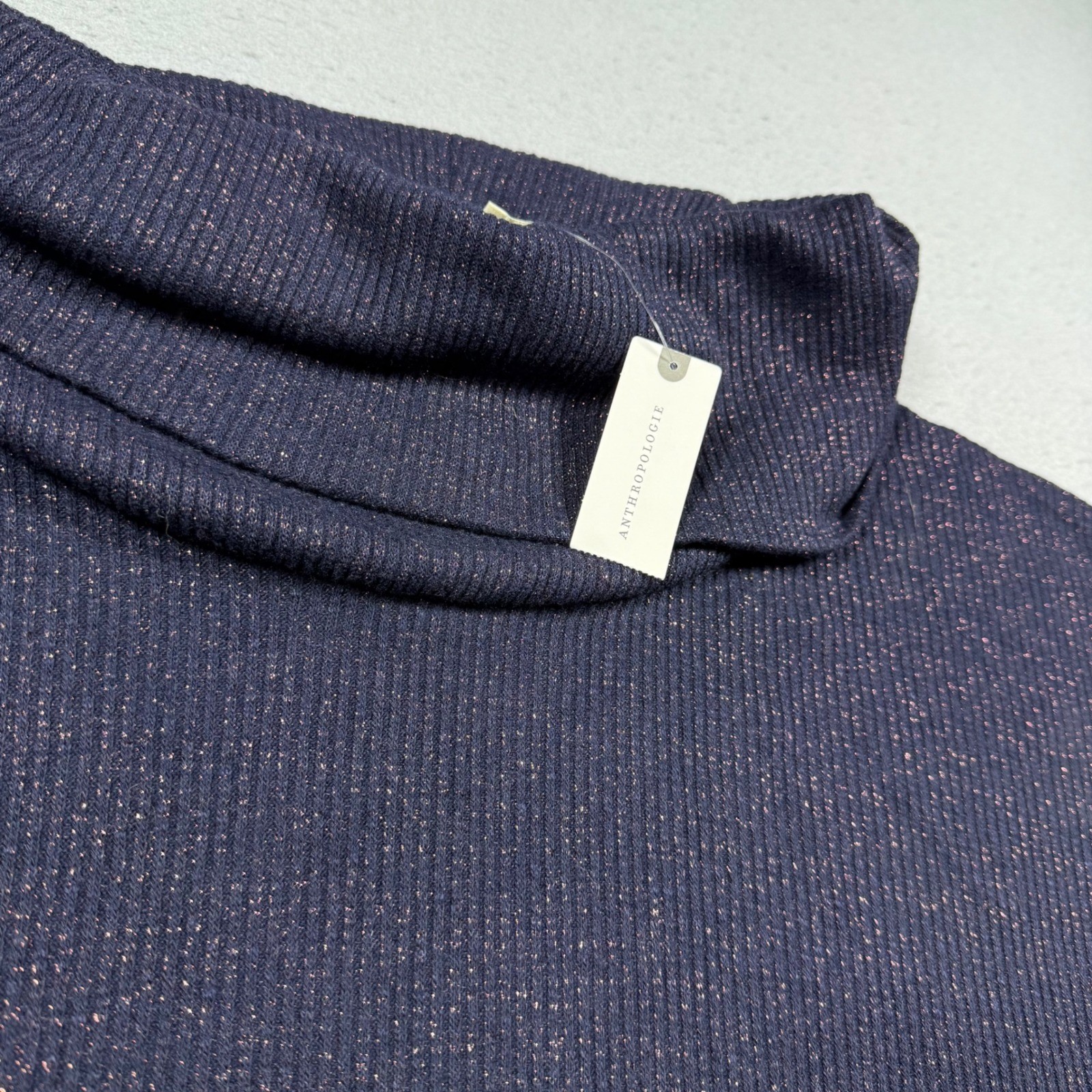 Anthropologie Postmark Navy Blue Metallic Cowl Neck Ruffle Peplum Top M/L