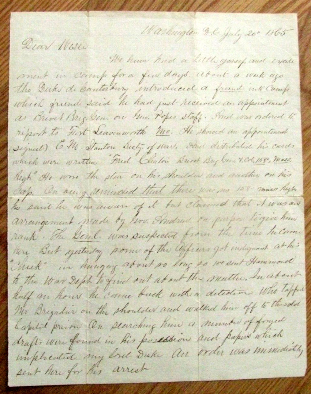 CIVIL WAR SOLDIER LETTER- A COUNTERFEIT GENERAL ARRESTED 1865 CIVIL WAR SOLDIER LETTER- A COUNTERFEIT GENERAL ARRESTED 1865