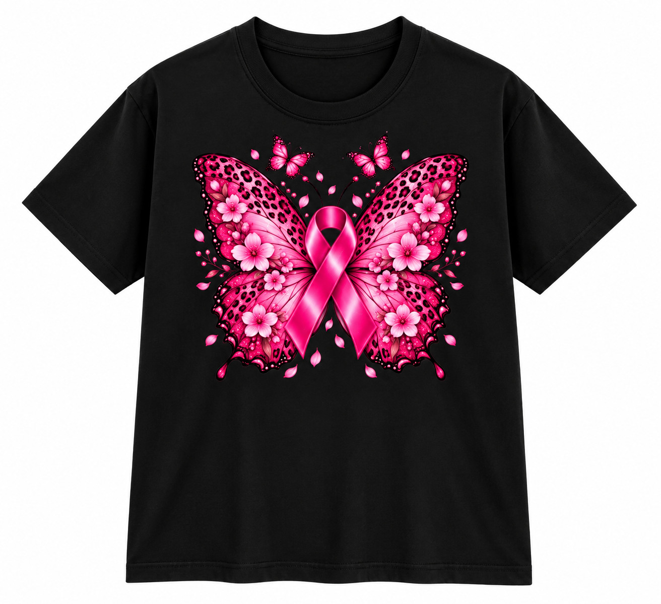 Breast Cancer Awareness T-Shirt, Pink Ribbon Butterfly Floral Graphic Tee