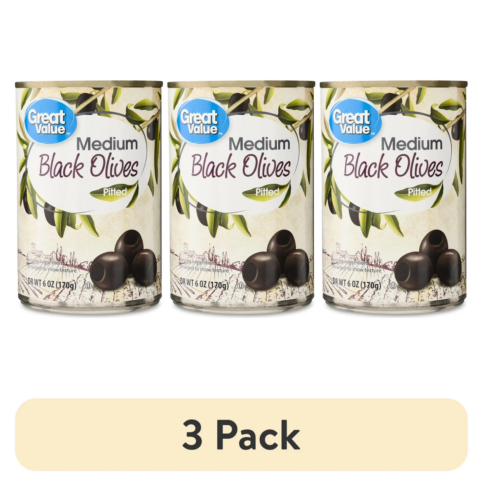 (3 pack) Great Value Medium Pitted Black Olives, 6 oz