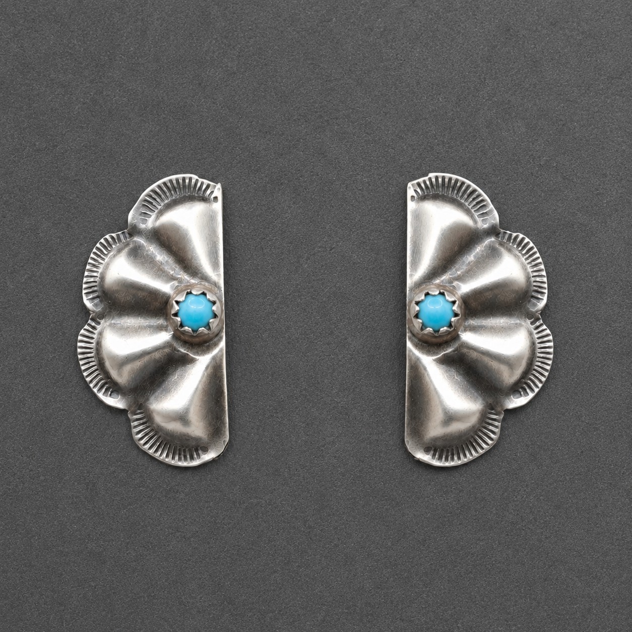 Joan Begay Navajo Kingman Turquoise Sterling Silver Half Concho Stud Earrings