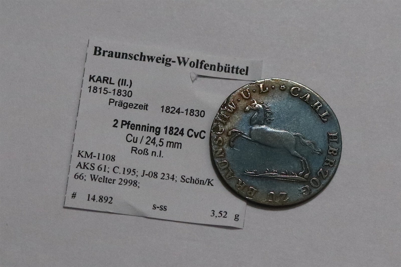 🧭 🇩🇪 GERMANY BRAUNSCHWEIG WOLFENBÜTTEL 2 PFENNIG 1824 CVC SHARP DETAILS B79 #