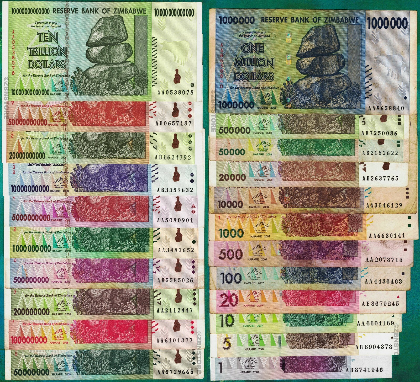 1 - 10 Trillion Dollars Zimbabwe 2008 Set of 22 Banknotes 50 Billion 100 Million
