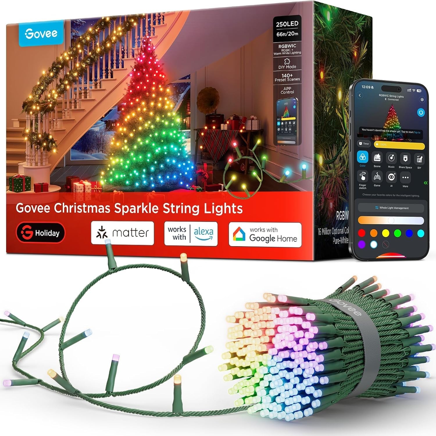 Govee Christmas Sparkle String Lights 66ft with 250 Bullet-Head LEDs