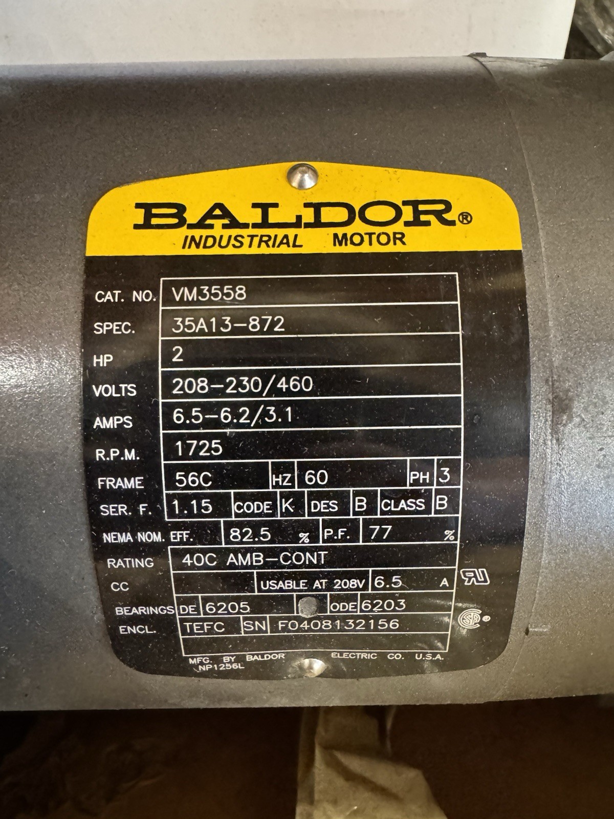 Baldor VM3558 2HP 3-Phase AC Induction Motor 208-230/460V 1725RPM TEFC 56C Baldor VM3558 2HP 3-Phase AC Induction Motor 208-230/460V 1725RPM TEFC 56C