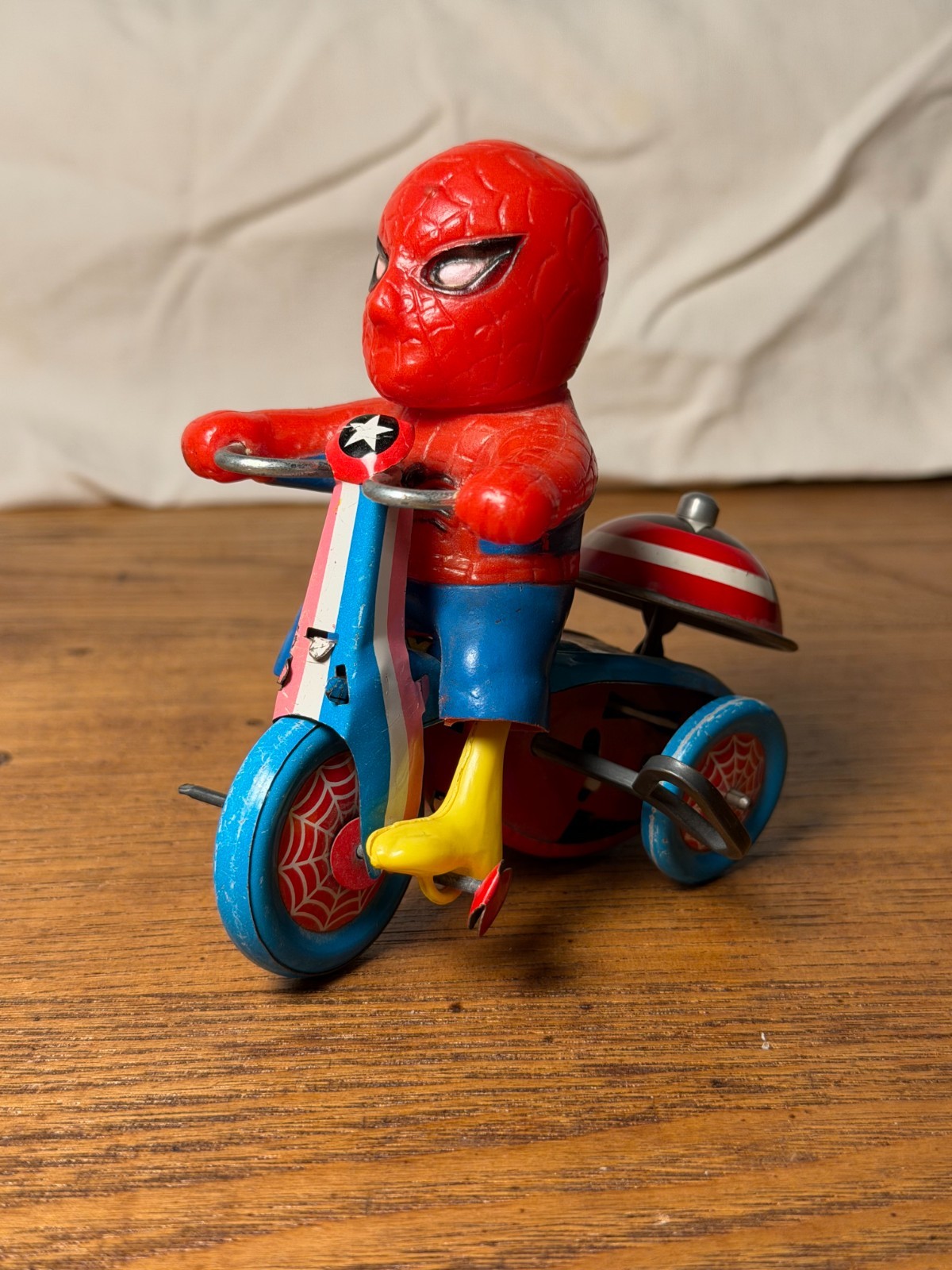 1968 Marx Spider-Man Mechanical Marvel Tin Wind-Up Tricycle Runs Bell