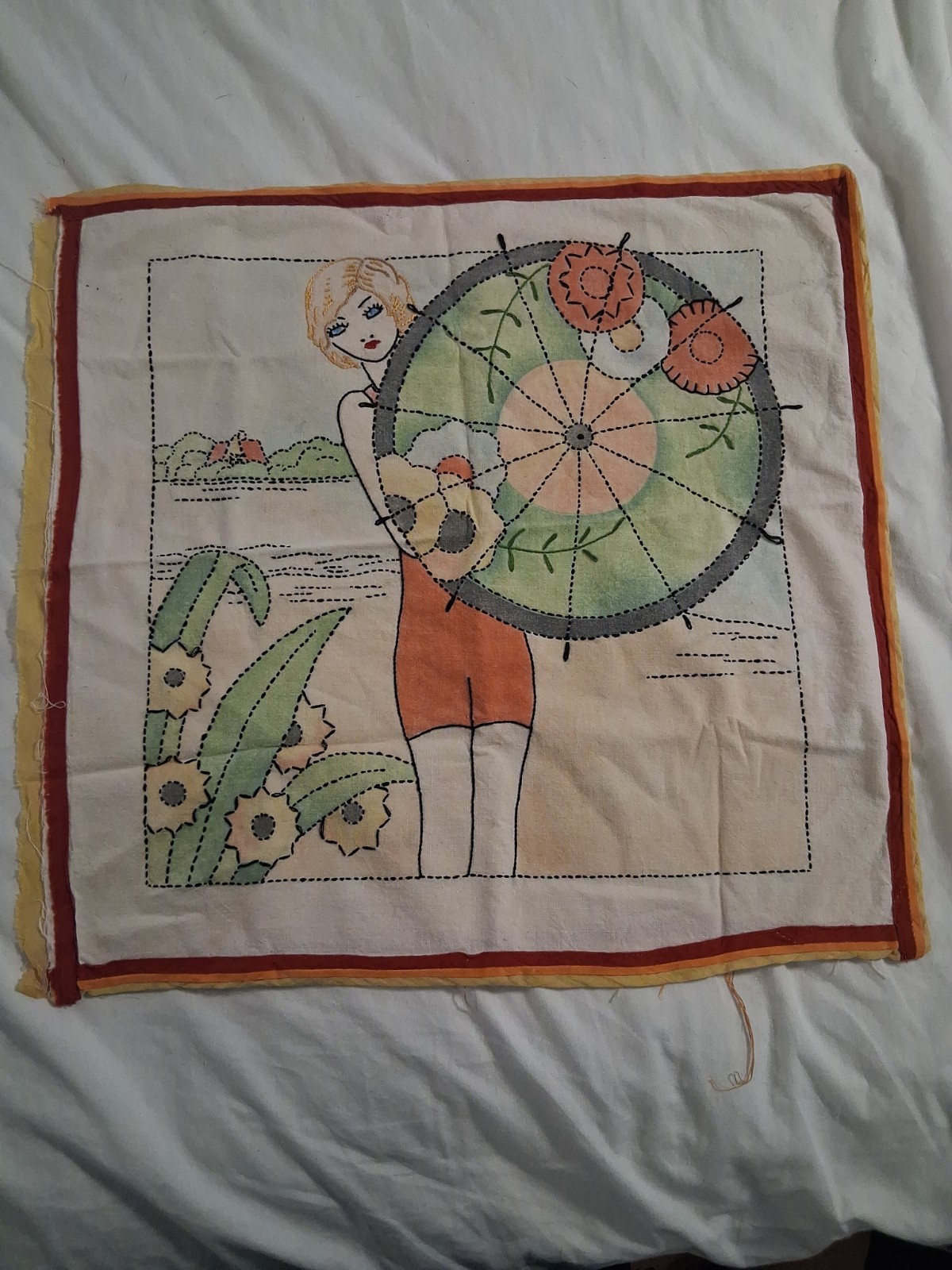 1920s 30s Pillow Case Embroidered Died