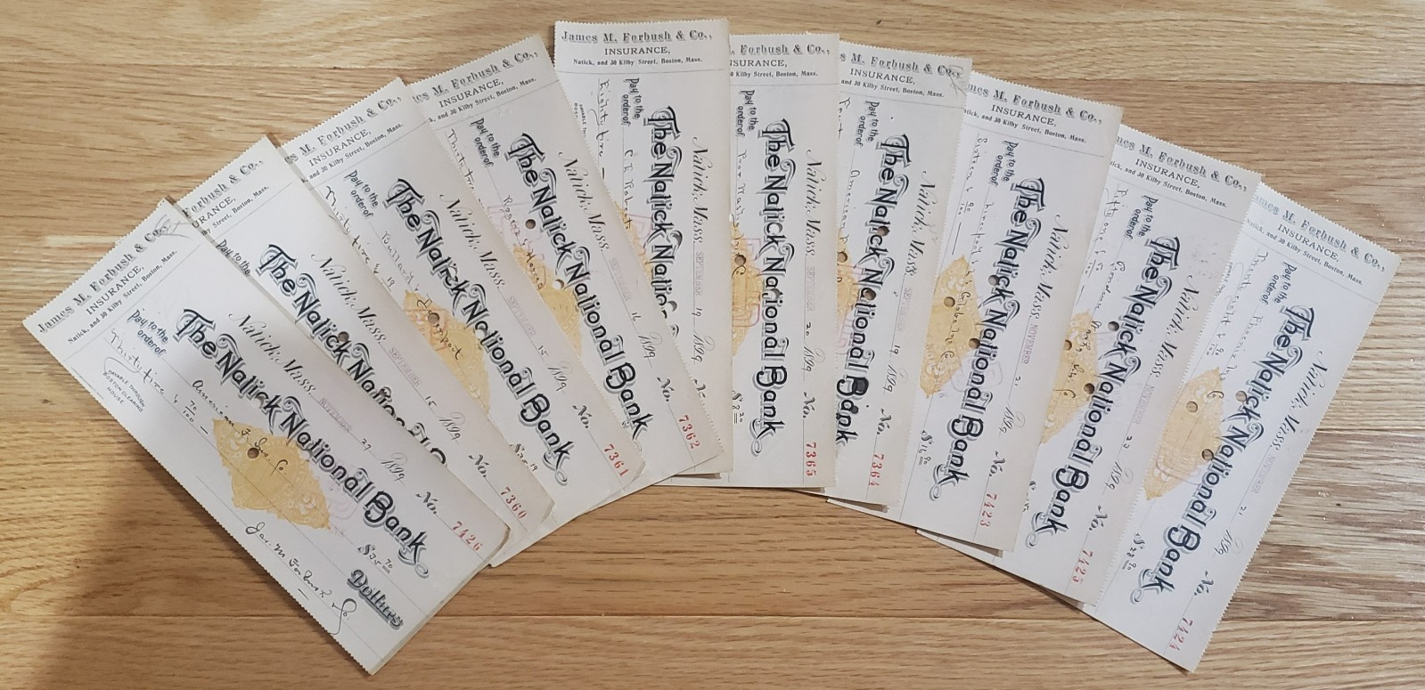 Lot of 10 1899 The Natick Natioal Bank Checks with RN-X7 Revenue Imprint