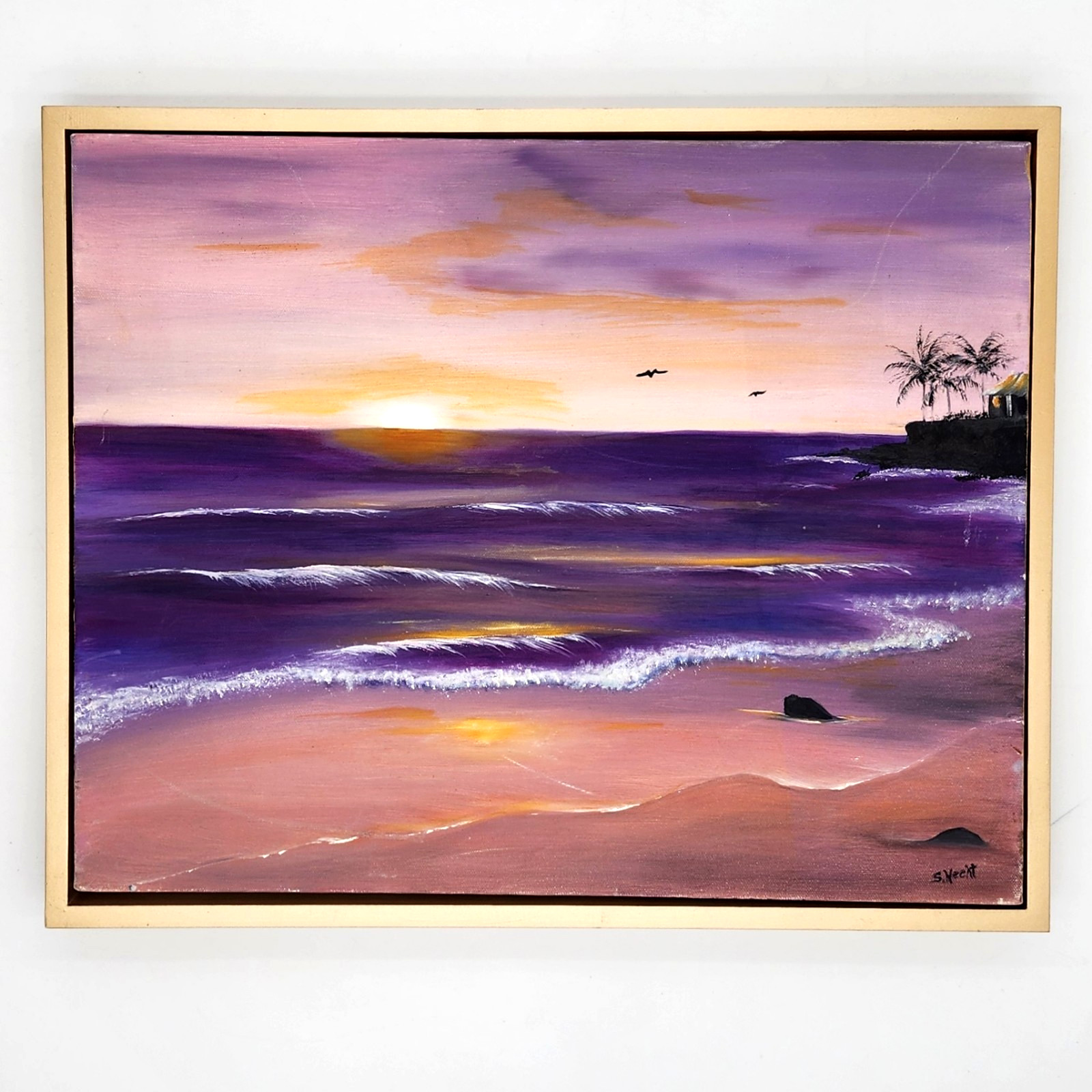 Shelley Hecht Sunset Oil Painting - Signed Tropical Beach Seascape Framed 16x20