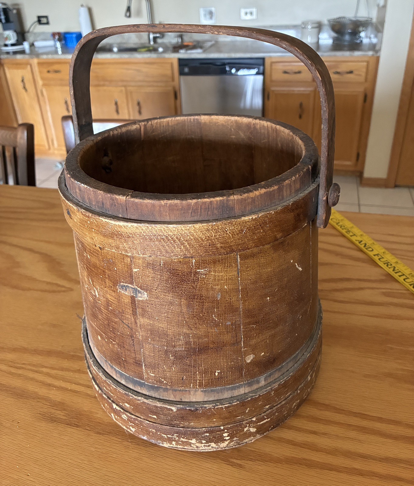 Antique 19thC Small Wooden Staved Bucket Open-Top Spalted Wood Swing Handle Antique 19thC Small Wooden Staved Bucket Open-Top Spalted Wood Swing Handle