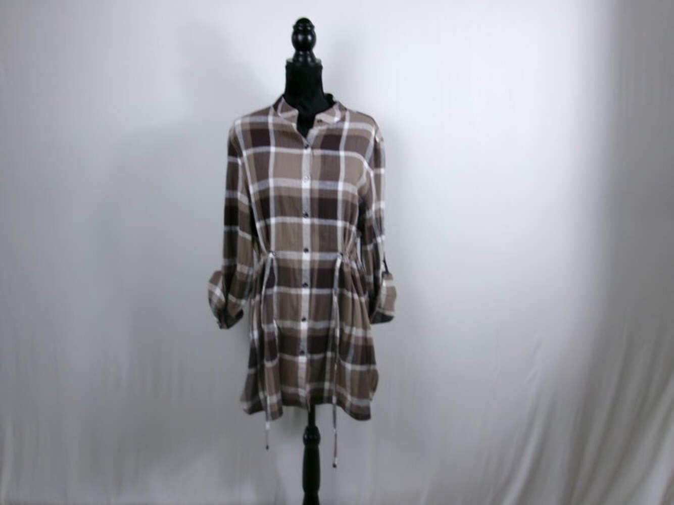 Lafayette 148 Plaid Cotton-Wool Drawstring Shirtdress – Brown