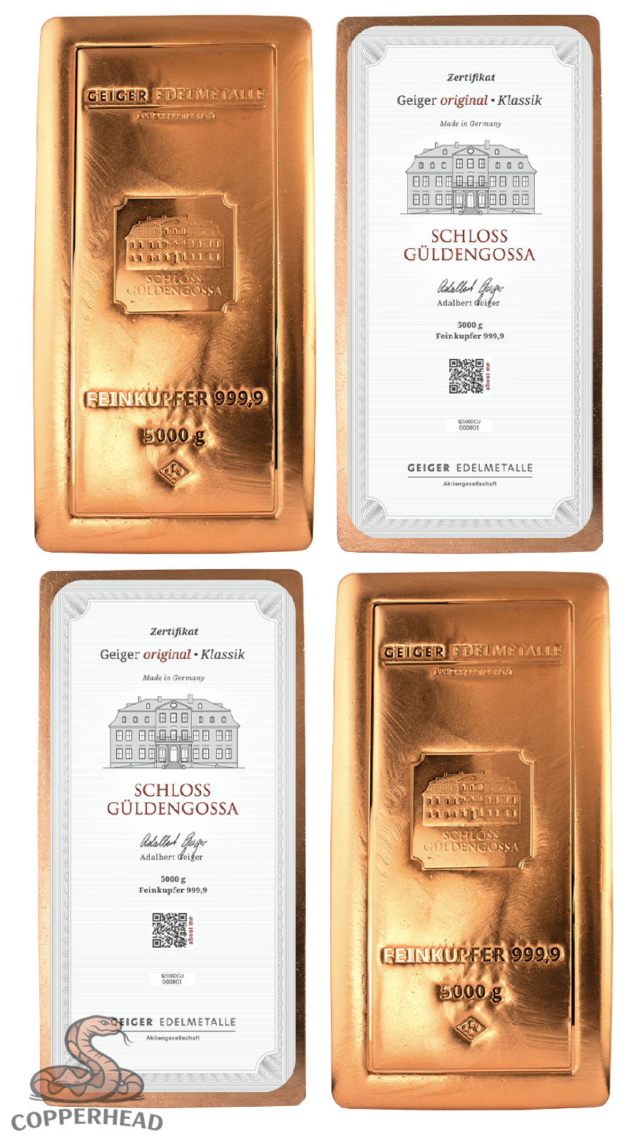 2 x 5kg Copper Bar Geiger Original .9999 Pure Certificated Ignot - German 10KG
