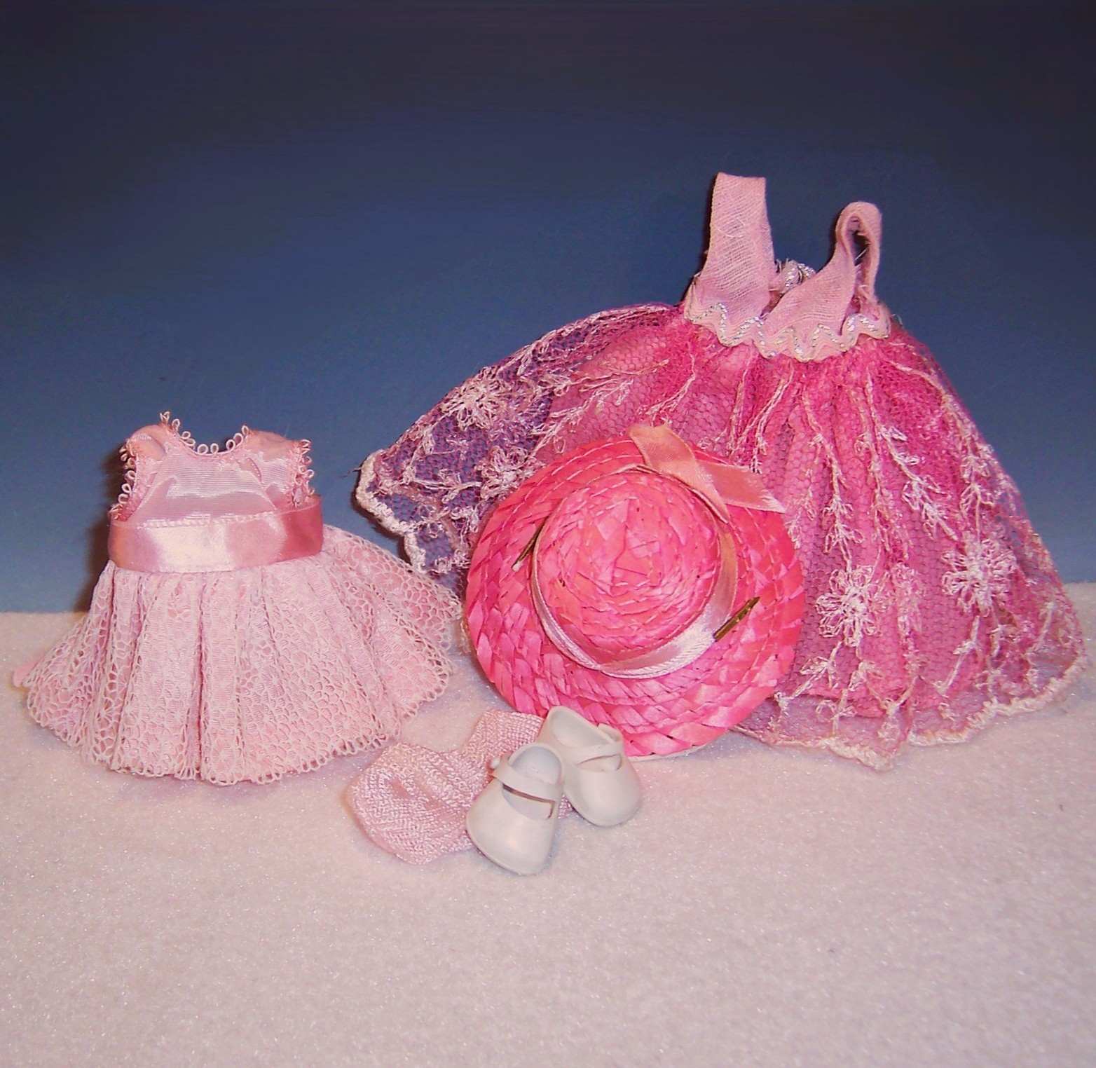 Vogue Ginny Pink 1955 Formal Gown, 1957 Satin & Lace Dress; Hat, Shoes, Socks