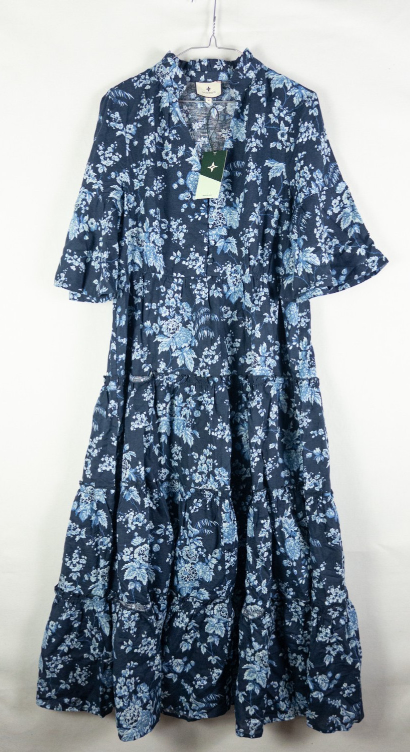 Tuckernuck Twilight Garden Jenna Dress M Navy Floral Linen Tiered Midi NWT