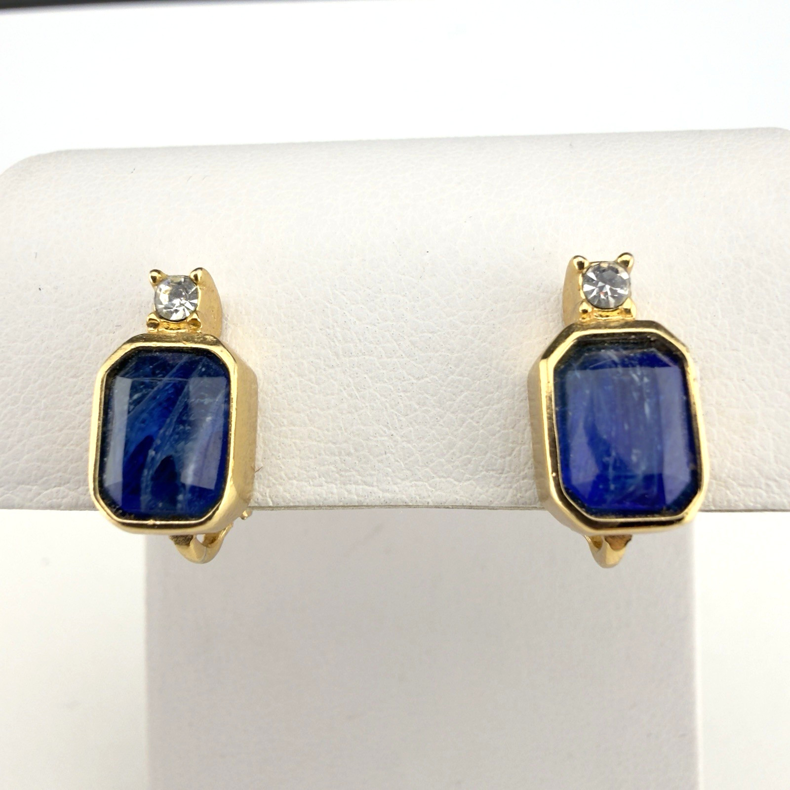 Vintage Christian Dior Clip On Earrings Blue Stones Gold Tone Setting Signed
