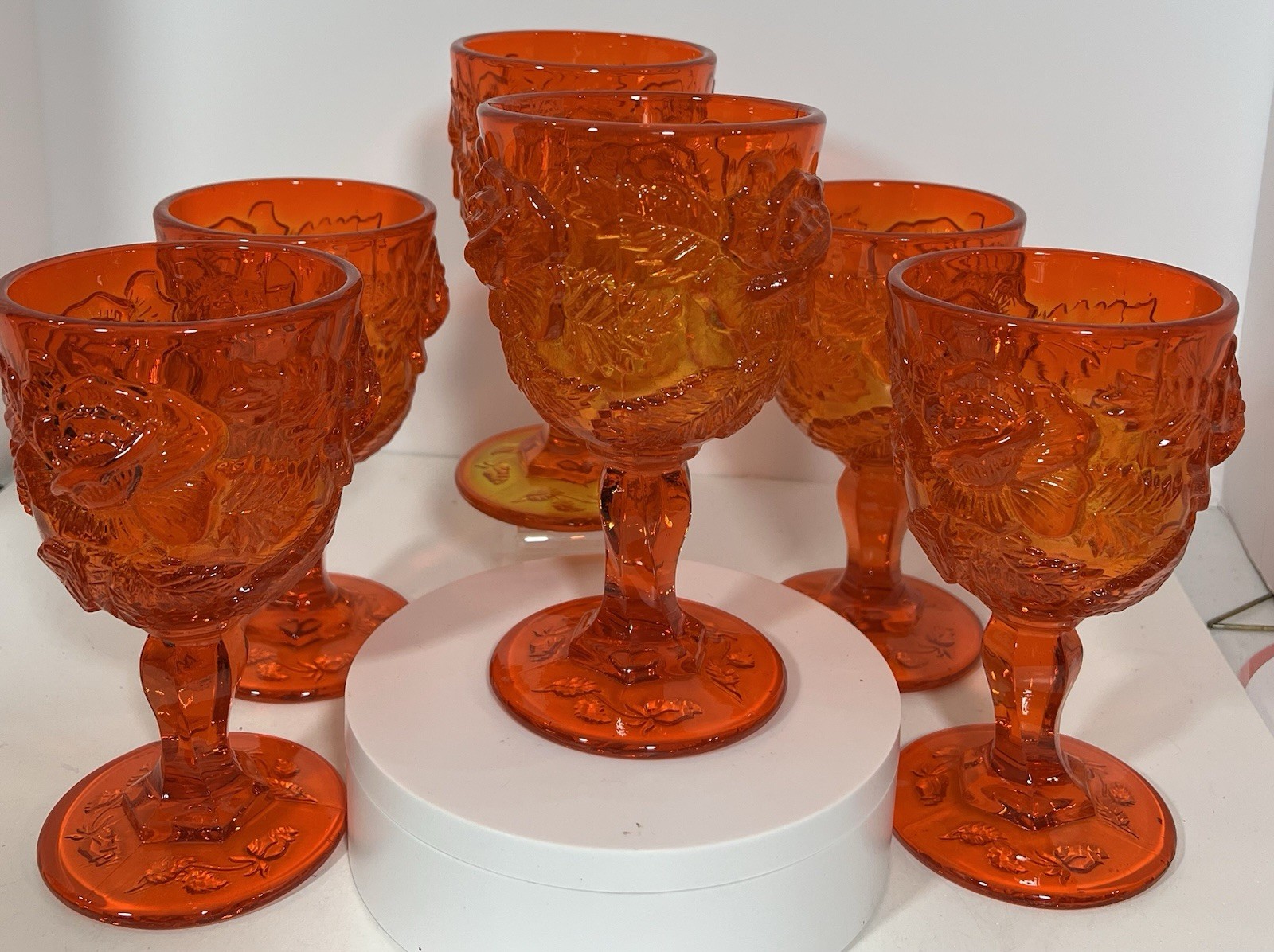 RARE SET 6 Stunning Fenton/Wright Madonna Inn Orange Wild Rose Goblet  MINT