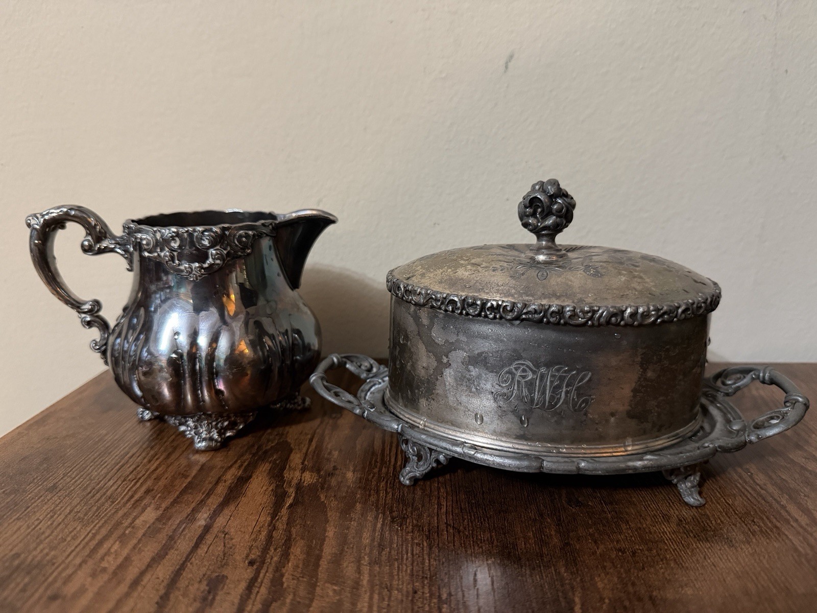 Antique Victorian Silverplate Butter Dish & Creamer Lot Meriden Homan Quadruple