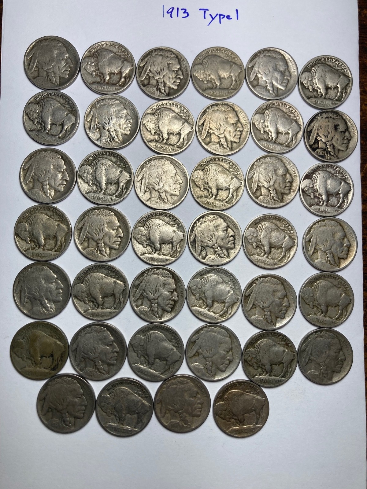 1913 (P)  Type 1 BUFFALO NICKEL ROLL (40 COINS), G/VG condition NICE COINS