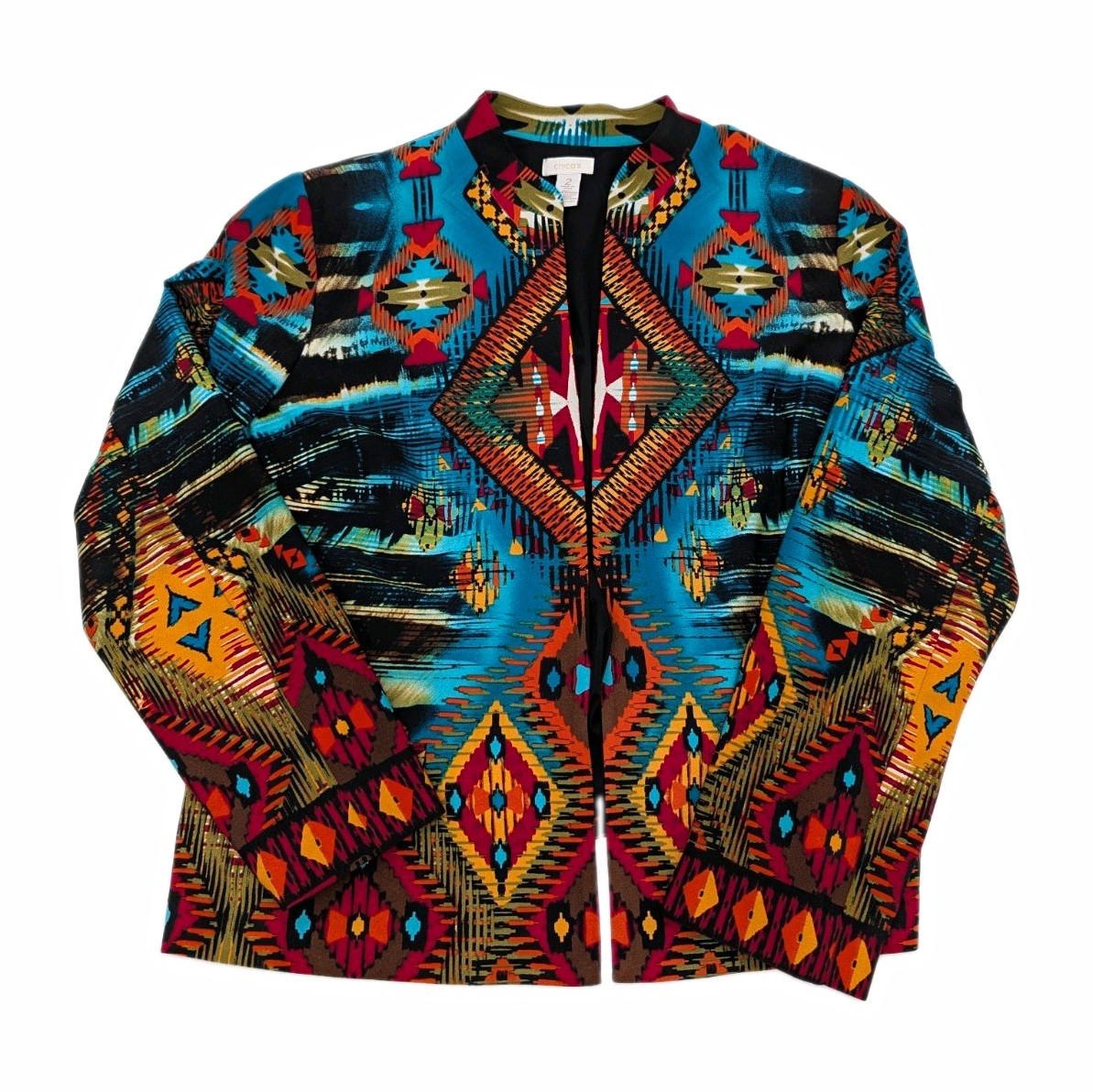 Women’s Multicolor Aztec Geometric Knit Jacket Open Front Lined Pockets 2 Women’s Multicolor Aztec Geometric Knit Jacket Open Front Lined Pockets 2
