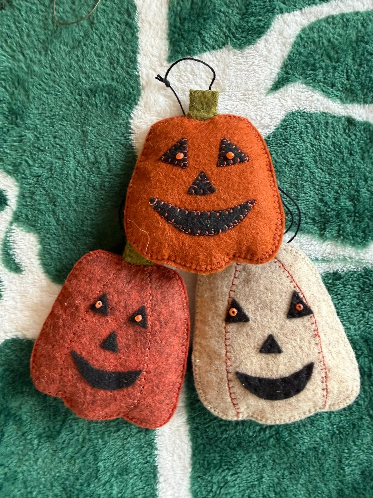 Set of 3 Vintage Felt Jack-O-Lantern Pumpkin Ornaments