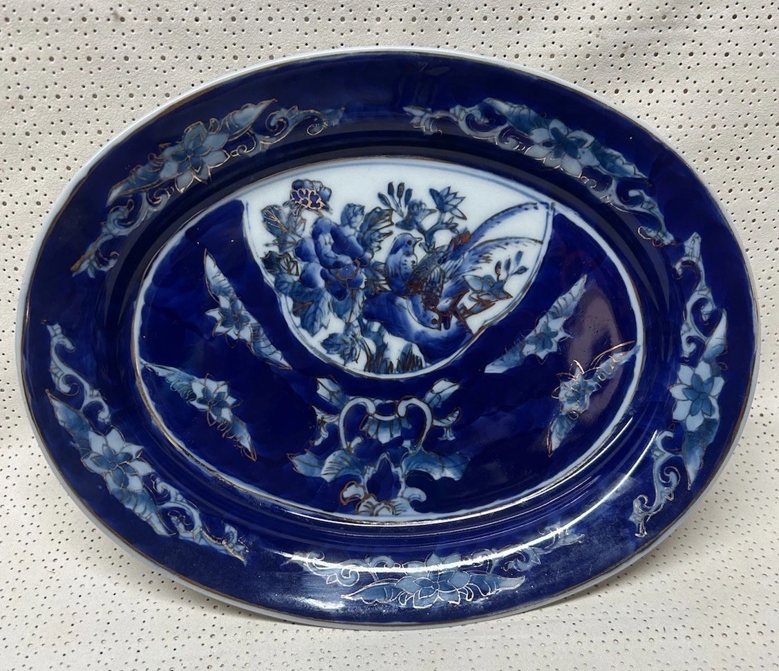 Antique Vintage Chinese Blue & White Bats Porcelain Oval Dish Heavy 11 X 8.75 In