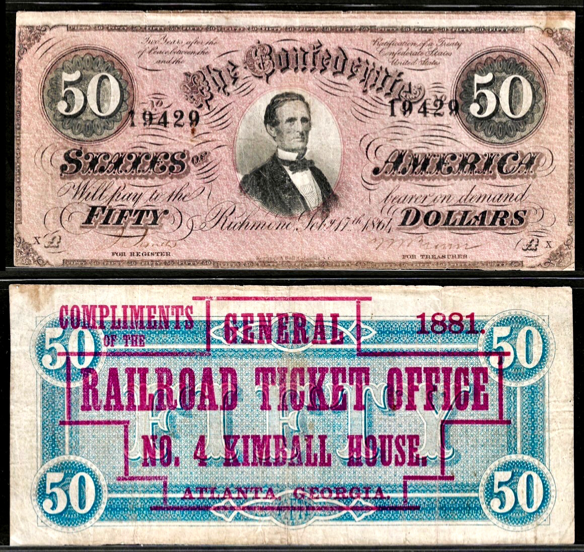 1864 CSA Confederate States of America $50 T-66 Genuine Note w/Print Railroad Ad