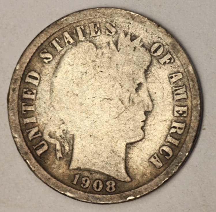 1908-S 10c Barber Silver Dime - RAW - Nice San Francisco Minted Coin - Lowball