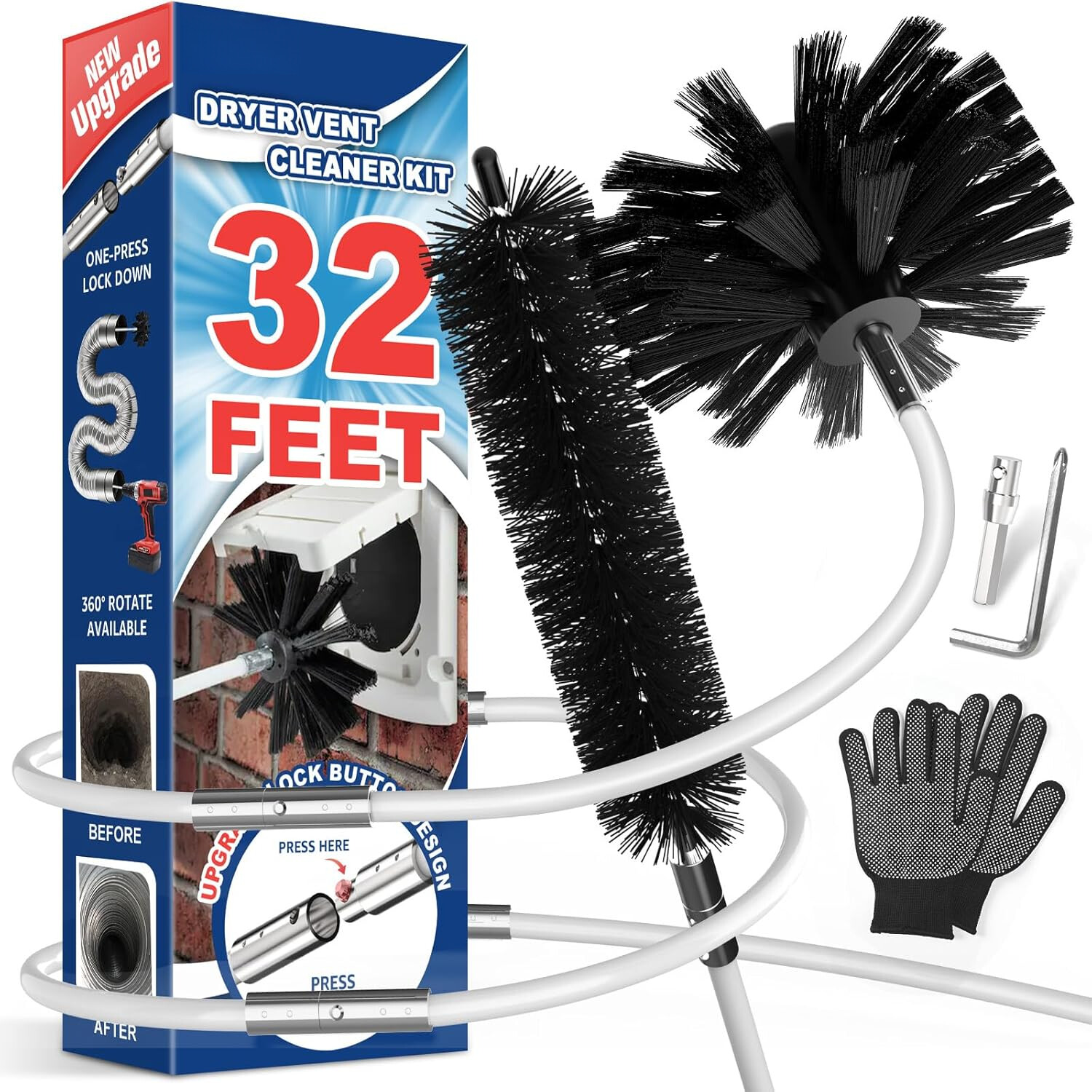 32-Foot Dryer Vent Cleaner Kit, Flexible Quick Snap Brush with Drill Attachment