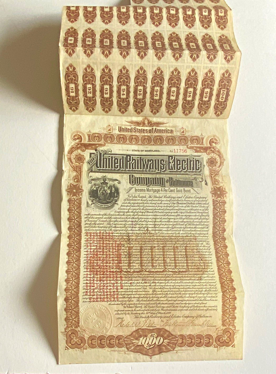 Antique 1899 United Railways Electric Co Baltimore 4% Gold Bond $1,000 Antique 1899 United Railways Electric Co Baltimore 4% Gold Bond $1,000