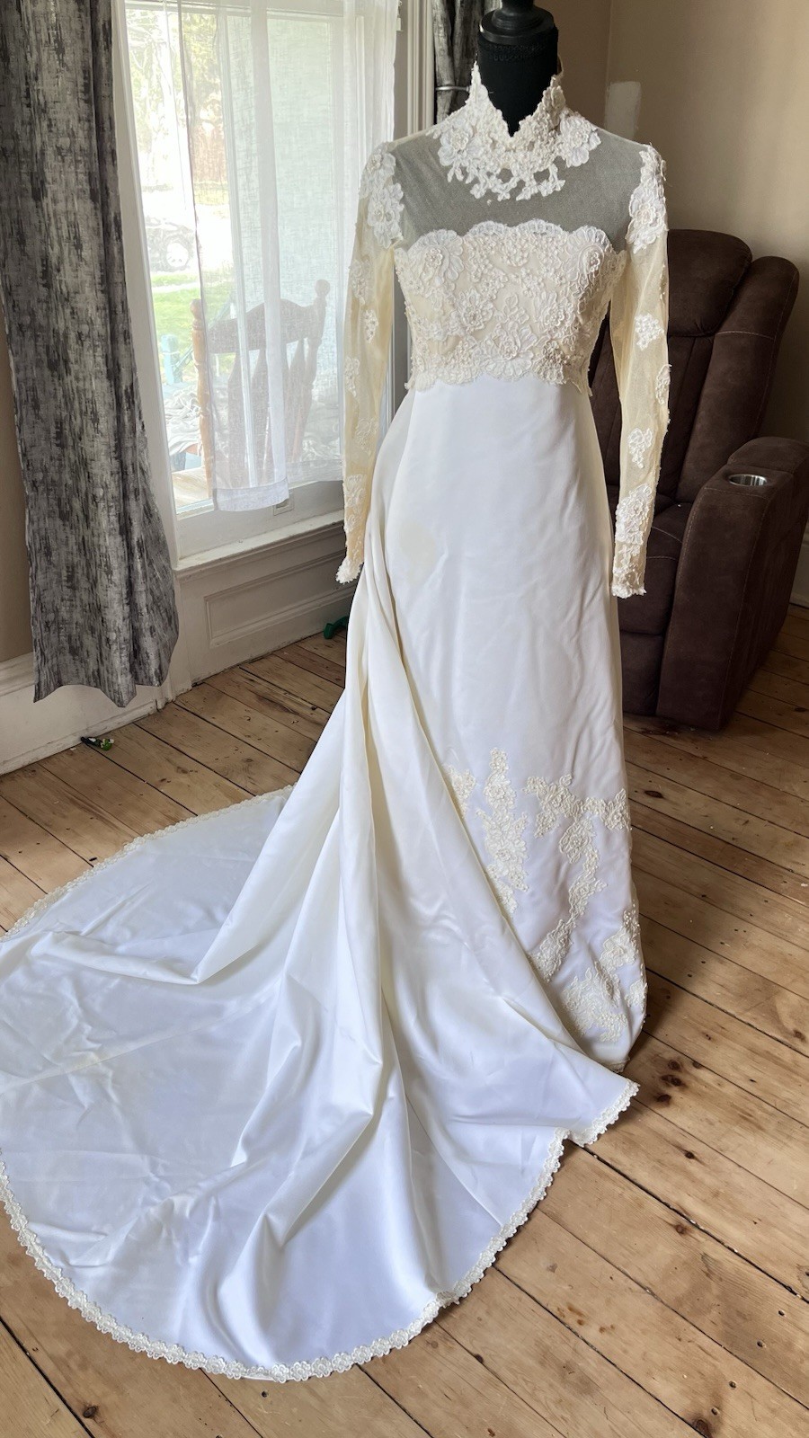 Priscilla of Boston Wedding Dress High Neck Long Sleeve Lace Train Button Back