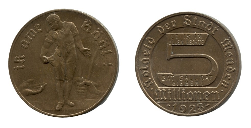1923 CITY OF MENDEN - 5 MILLIONEN MARK - WESTPHALIA, PRUSSIA - 26.1 mm- EC 9547