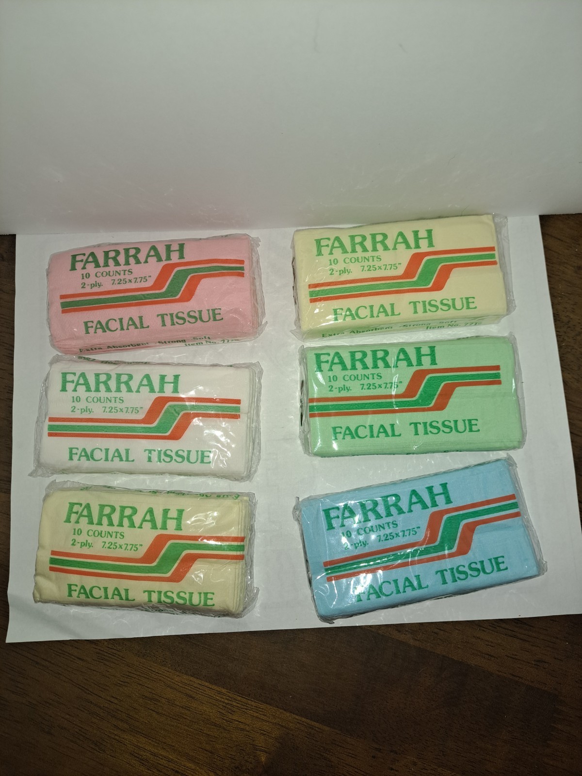 6 Packs Vtg 70s 80s Facial Tissues  Purse Blue Green Pink Yellow  Prop Display