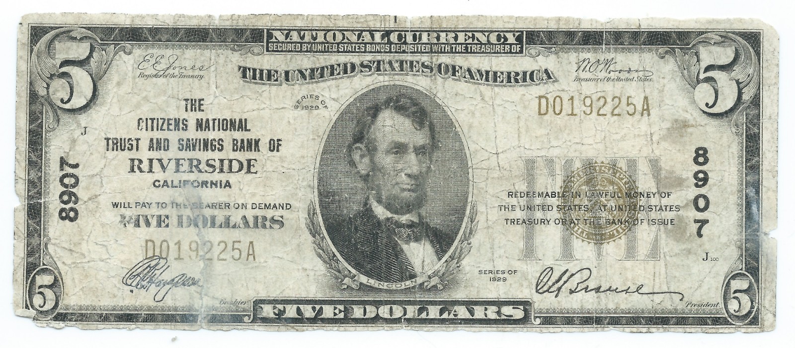 1929 $5 NATIONAL BANKNOTE = CITIZENS NAT. TRUST & SAVINGS BANK - RIVERSIDE, CA
