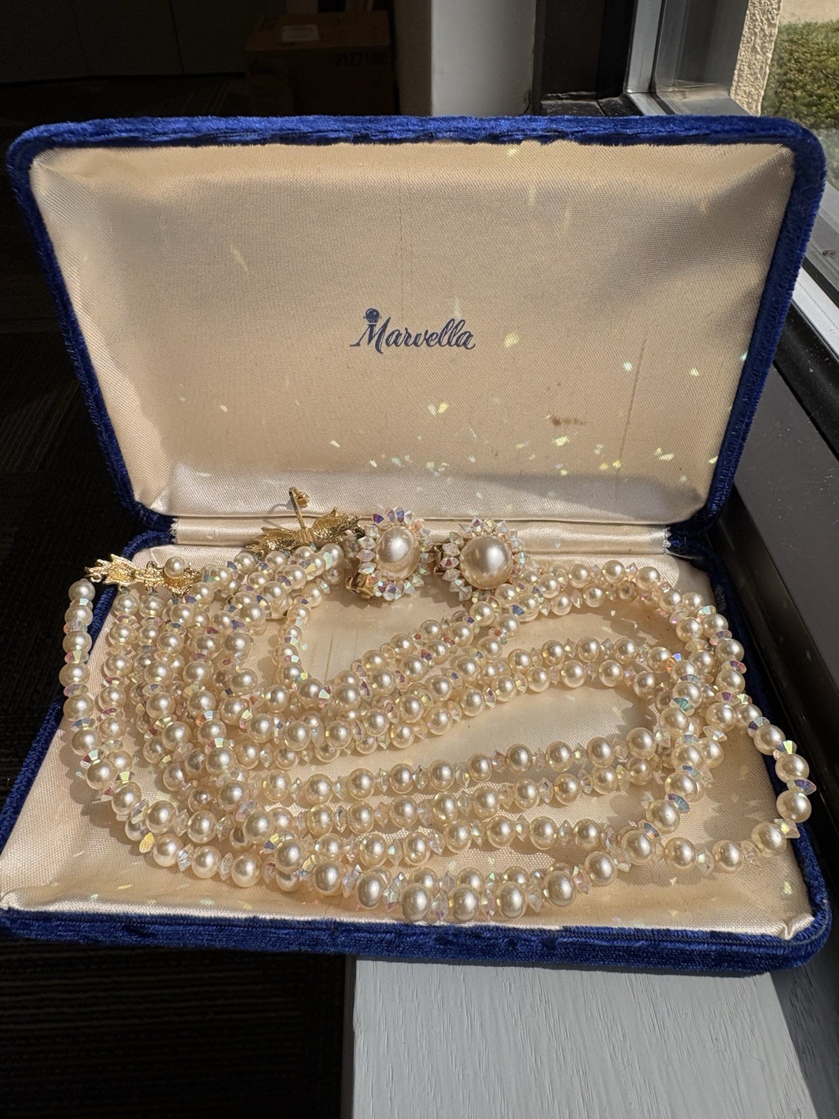 Vintage 1950s Marvella Four Strand Pearl Necklace Clip Earrings OG Mid Cent Box