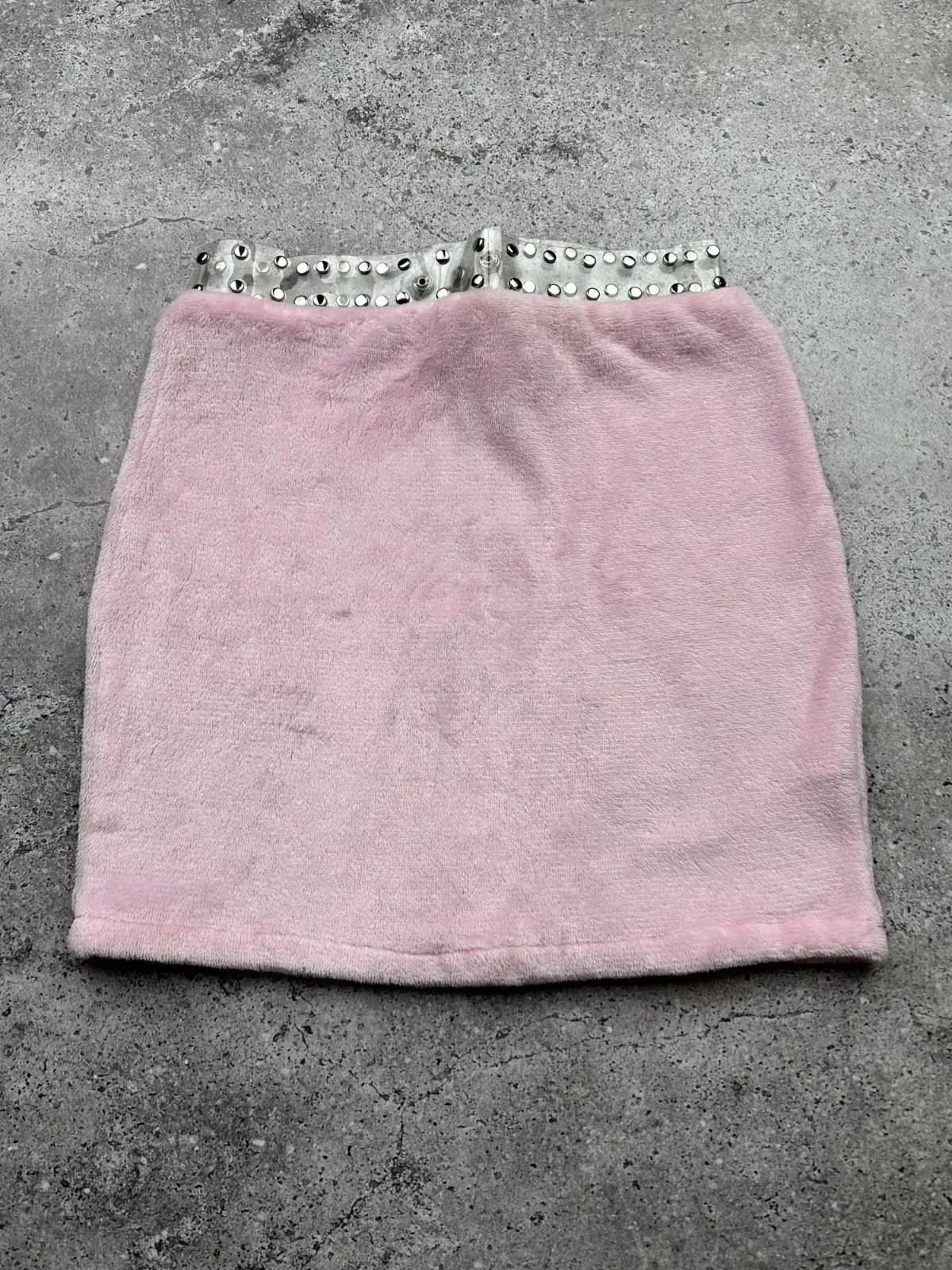 Vintage Y2K Pink Mini Skirt Studded Rhinestone Trim Womens Velour Aesthetic 2000