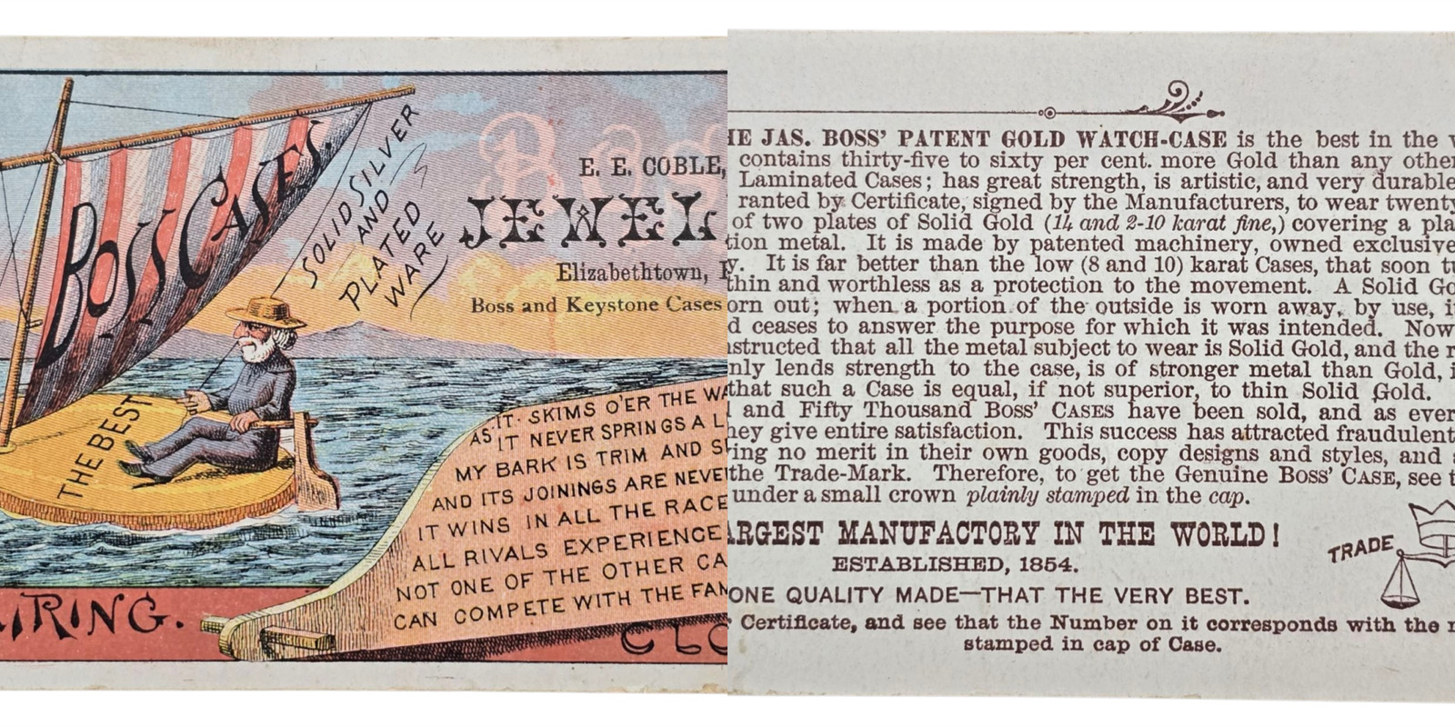 1880 antique E E COBLE elizabethtown pa JEWELER AD CARD sail boat BOSS PAT WATCH