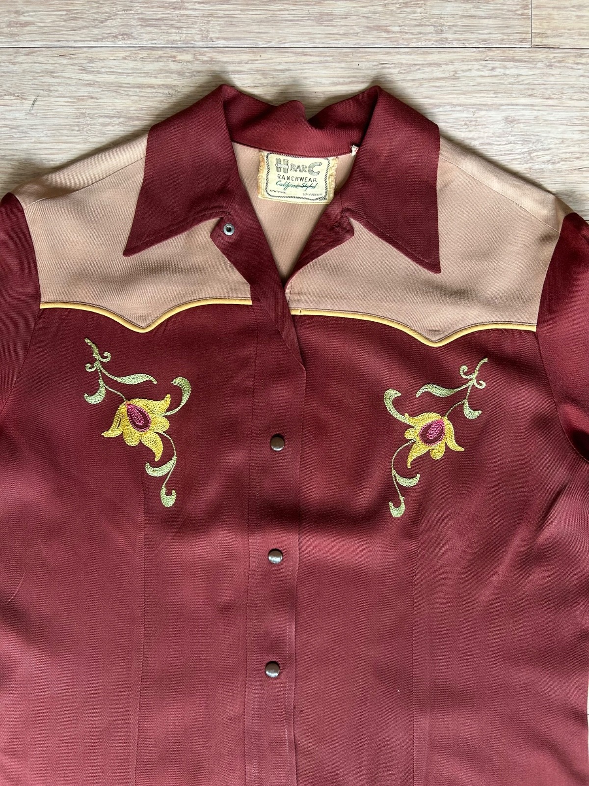 Vintage 40s/50s H bar C Ranchwear burgundy & clay Cowgirl Shirt, w embroidery